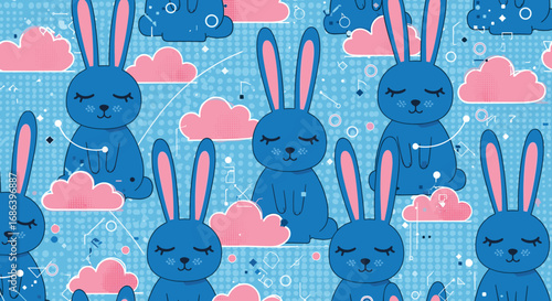 Adorable sleeping bunnies with fluffy clouds on a dreamy blue background, perfect for Easter.