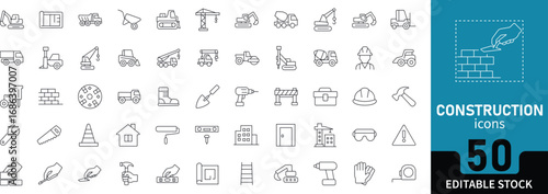 Construction icon set with editable line icons for labor, crane, engineering, equipment, helmet, tools, builder, renovation, architecture, plumbing, and more. Vector illustration