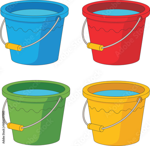 Colorful plastic buckets with water, cartoon bucket illustration, household cleaning container, beach toy bucket, gardening pail, kids play bucket, vector design.