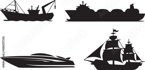 Assorted Marine Vessels Silhouettes Fishing Boat, Tanker, Speedboat, and Tall Ship on Clear