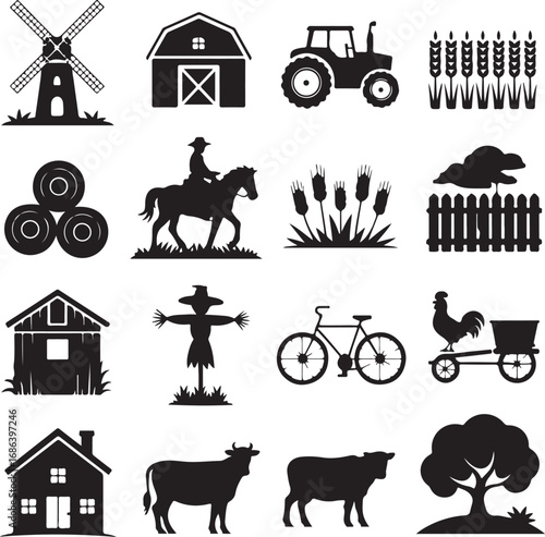 Farm Icons Windmill Barn Tractor Wheat Hay Horse Scarecrow Keywords: farm, agriculture, windmill
