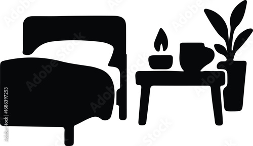 Illustrator Vector Minimalist bedroom interior scene on white background silhouette