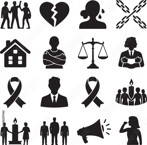 Collection of symbolic icons representing social issues and human emotions family broken heart