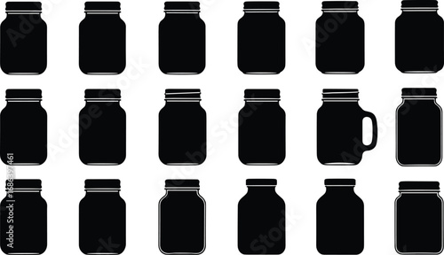 Silhouette of mason jars, black jar clipart collection, kitchen storage container icons, blank glass jar shapes, vector design set