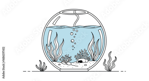 Minimalist fishbowl with aquatic plants, bubbles, and water, evoking peace and tranquility
