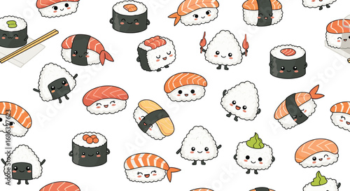 Adorable sushi characters with happy faces, perfect for food blogs, menus, and fun designs.
