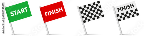 Start and finish map pointer pin flags green and red flag. Finish map pointer pin flags. Checkered racing flag. 3D realistic vector illustration isolated on white.