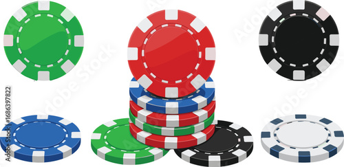 Colorful casino poker chips stack, gambling chips illustration, casino game tokens, poker accessories, betting chips, blackjack elements, gambling vector design.