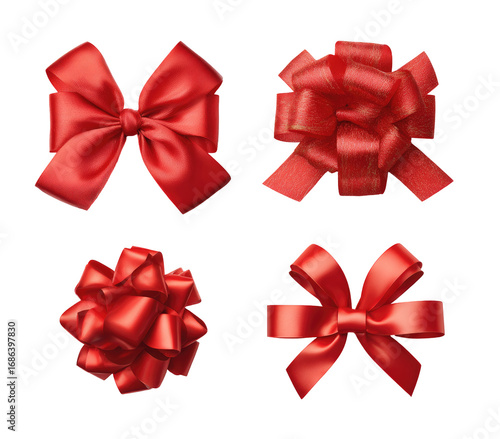 Four red satin ribbon bows, various styles