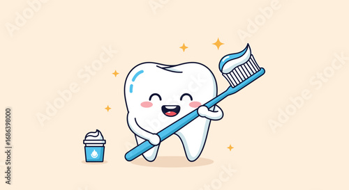 Happy cartoon tooth brushing with toothbrush and toothpaste, dental care concept