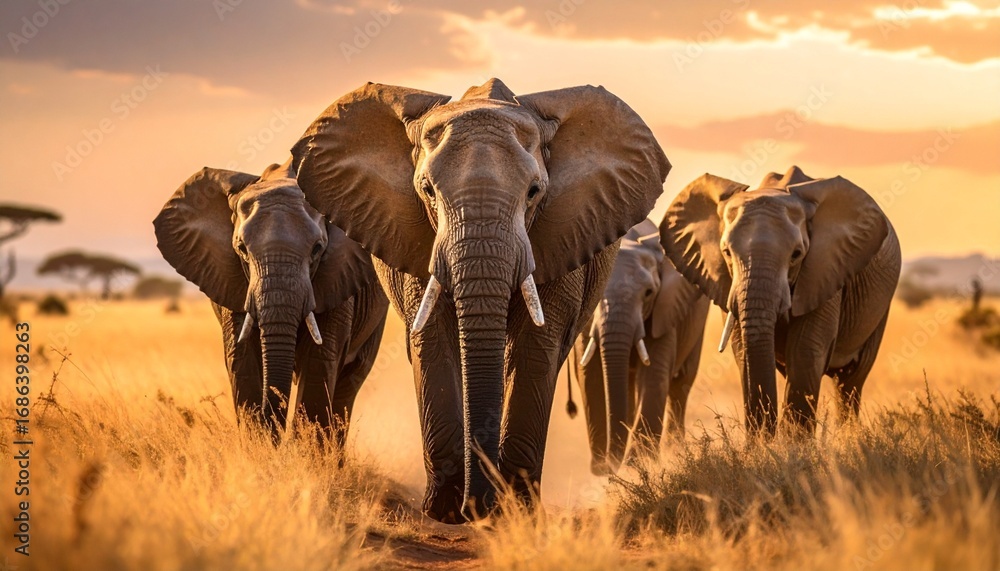 Obraz premium A herd of elephants walking across the golden savannah at sunset with mountains in the background and dust rising.