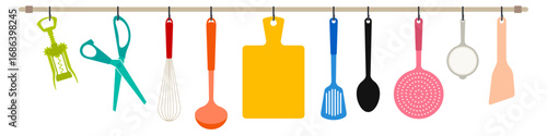 Kitchen rail, on which hang a corkscrew, scissors, whisk, ladle and cutting board, spatula, spoon, colander, sieve. Flat vector illustration isolated on white background.