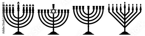 Menorah silhouette set. Traditional candlestick empty and with burning candles. Flat vector illustration isolated on white background.