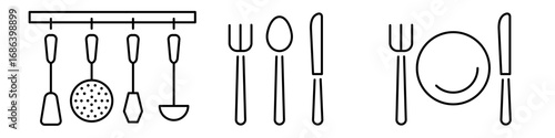 Kitchen and cutlery. Spatula, colander, ladle. Line icon set. Editable stroke. Flat vector illustration isolated on white background.
