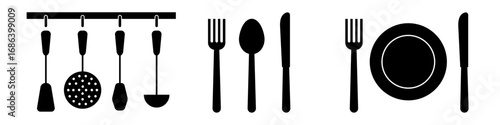 Kitchen and cutlery. Spatula, colander, ladle. Solid black silhouette icons. Flat vector illustration isolated on white background.