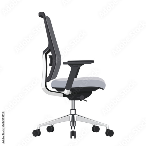 Side profile of a modern ergonomic office chair with a grey mesh back, upholstered seat, and a chrome base with wheels, isolated on a white background.