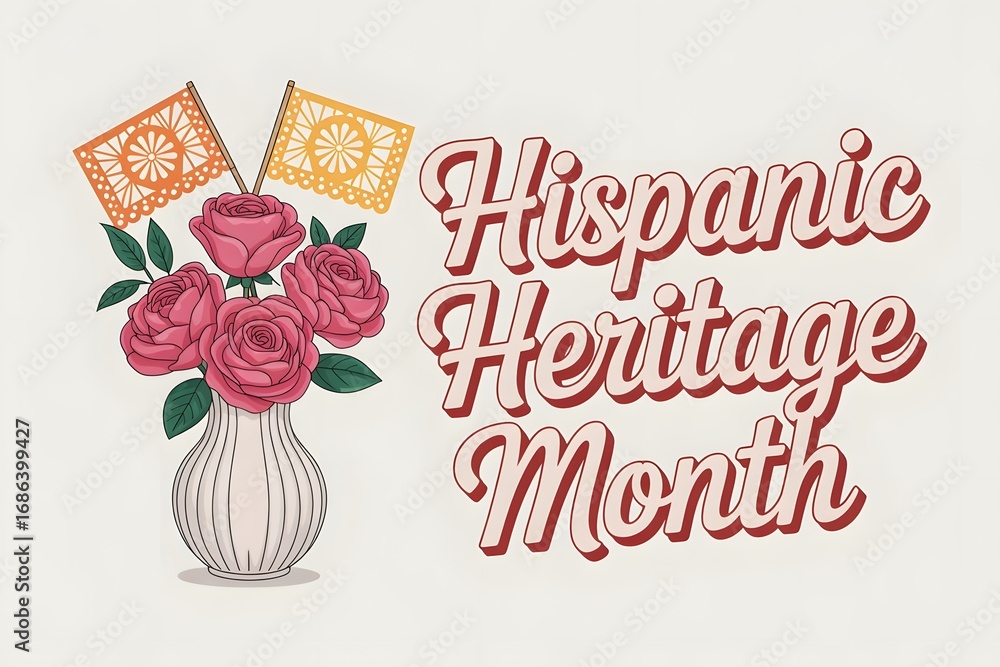 Obraz premium Hispanic heritage month text with floral arrangement and small flags on a light background