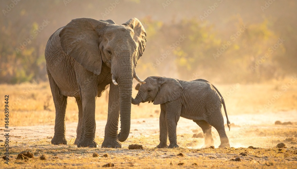Fototapeta premium A tender moment between a mother elephant and her baby in a sunlit savannah with warm golden tones.