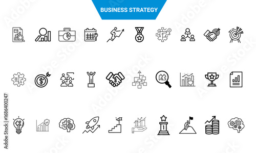A Vector set of business strategy icons in outline style, representing success, growth, planning, and analysis. Includes elements like charts, goals, and teamwork.