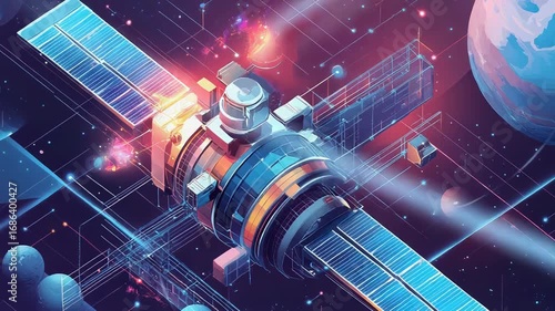 Satellite orbiting earth collecting data and transmitting signals