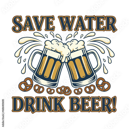 Oktoberfest two mugs of beer clinking with pretzels and save water drink beer text above below tshirt design
