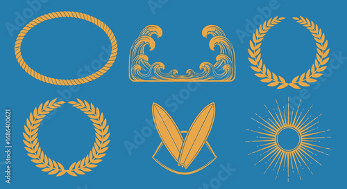 A collection of six golden decorative graphic elements, including frames, wreaths, and emblems, on a blue background.