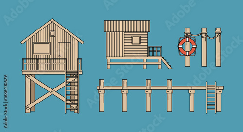 Line art illustration of elevated beach houses, lifeguard posts, and docks.