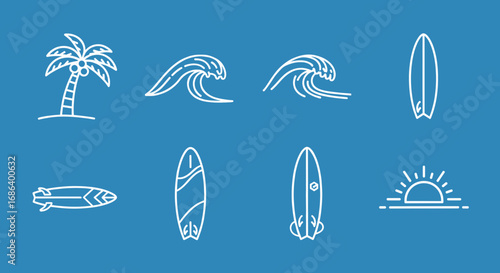 A collection of white line art icons representing summer and beach activities on a blue background.