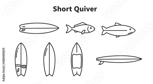 A collection of various surfboard shapes, including shortboards and fish boards, illustrating a short quiver for surfing.