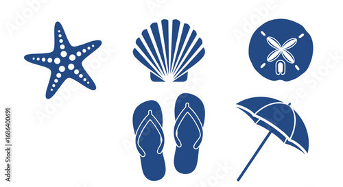 A collection of blue beach-themed icons including a starfish, seashell, sand dollar, flip-flops, and an umbrella.