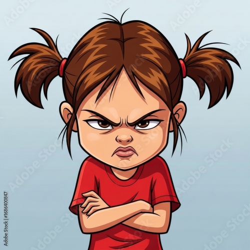 Angry cartoon girl with pigtails showing frustration stubborn attitude