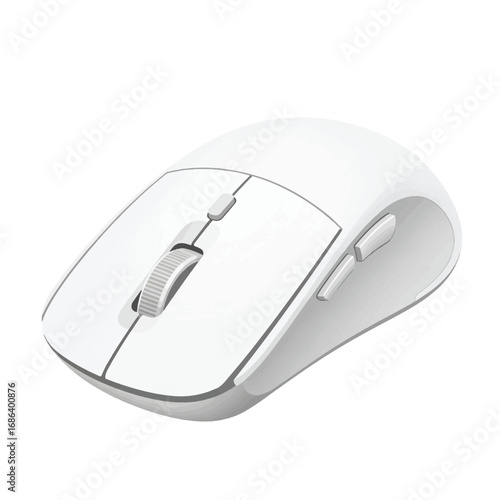 White wireless computer mouse, angled view, showing buttons and scroll wheel.