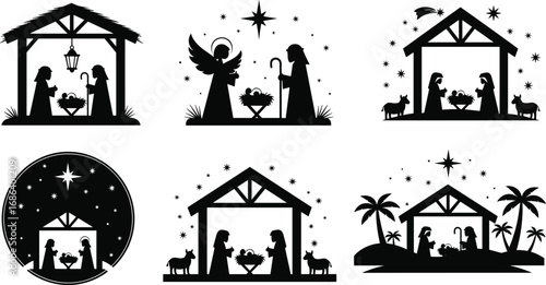 Nativity scene silhouette vector set with Mary, Joseph, baby Jesus, animals, angels, stars and stable designs for Christmas illustration