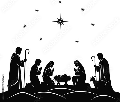Nativity scene silhouette with Mary, Joseph, baby Jesus, shepherds, animals, and Bethlehem star for Christmas religious vector illustration