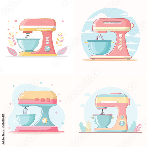Mixer playful pastel cartoon collection, cute vector characters, soft vibrant design.