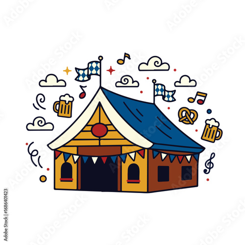 Oktoberfest festive tent with flags, beverages, pretzels, clouds and musical notes around it tshirt design