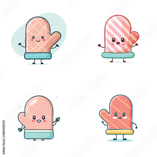 Oven mitt playful pastel cartoon collection, cute vector characters, soft vibrant design.