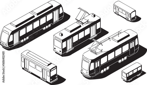 Isometric Tram Collection Vector Illustration Public Transit System City Travel