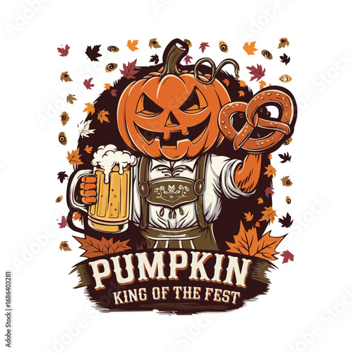 Oktoberfest and halloween a pumpkin character holding a pretzel and a mug of beer with falling leaves art tshirt design