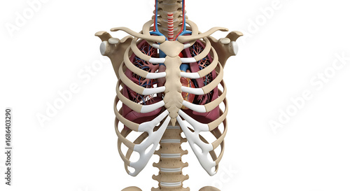 Anatomical illustration of the human rib cage, lungs, and spine, isolated on white background