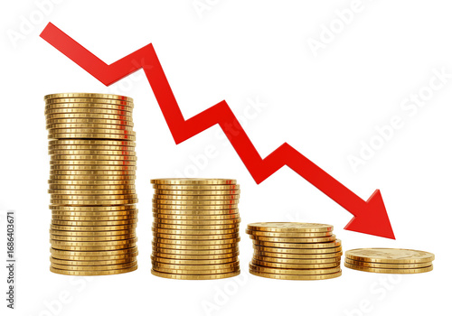 Gold coins stacks with decreasing red arrow financial decline concept 3 d illustration