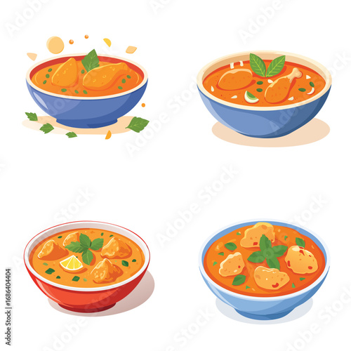 Chicken Tikka Masala a fun and colorful ensemble of mixed vector graphics, full of vivid tones and modern abstract design elements