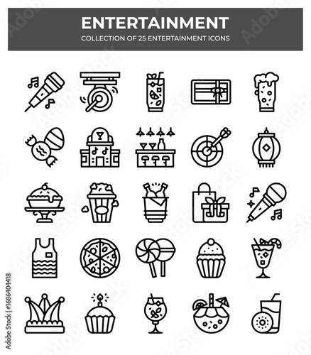 Collection of 25 Entertainment Icons. Party. Drinks. Food. and More