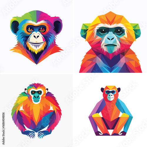 Gibbon cheerful abstract ensemble, vivid vector artwork, lively pattern.