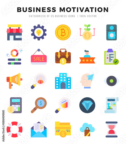 Set of 25 BUSINESS MOTIVATION Flat Icons Pack.
