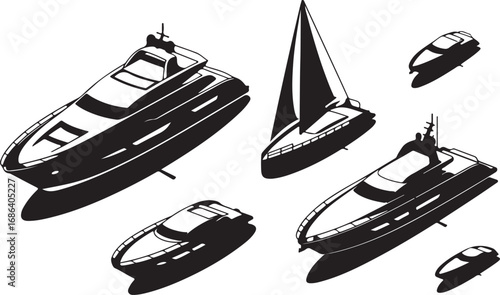 Silhouette of Luxury Yachts and Sailboats on Transparent Background Vector Illustration