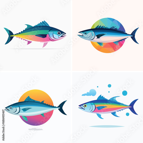 Mackerel cheerful abstract ensemble, vivid vector artwork, lively pattern.
