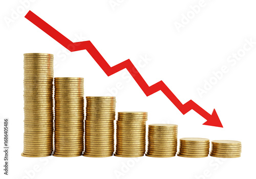 Gold coins stacks with decreasing red arrow transparent background