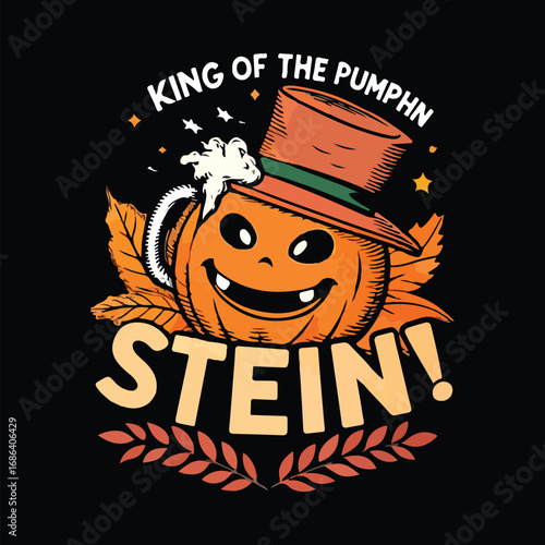 Oktoberfest and halloween a graphic of a pumpkin stein with a hat and leaves on a black background tshirt design