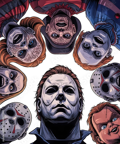 Halloween T-Shirt Design.Horror movie icon characters Michael Myers, Freddy, Jason, Chucky, and Pennywise.
